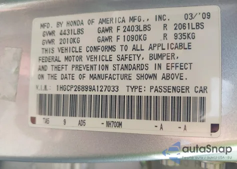 2009 Honda Accord 2.4 Ex-L z USA, uszkodzony, nr VIN 1HGCP26899A127033